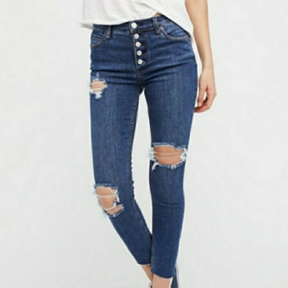 Free People Buttonfly Distressed Skinny Jeans